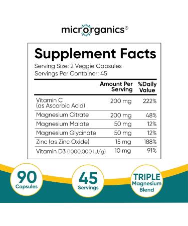 MicrOrganics Magnesium Complex with Vitamin C D3 & Zinc 525 mg per Serving from Citrate Malate & Glycinate Supports Energy Muscle & Bone Health 90 Vegan Capsules 45 Servings - Buy Online on GoSupps.com