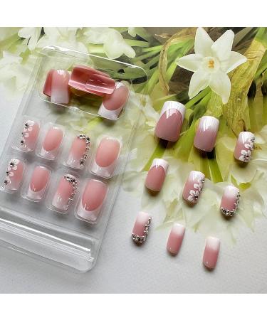 24 Pcs Gradient Pink French Tip Press on Nails with Rhinestones & Flowers - Medium Square False Nails for Women - Buy Online on GoSupps.com