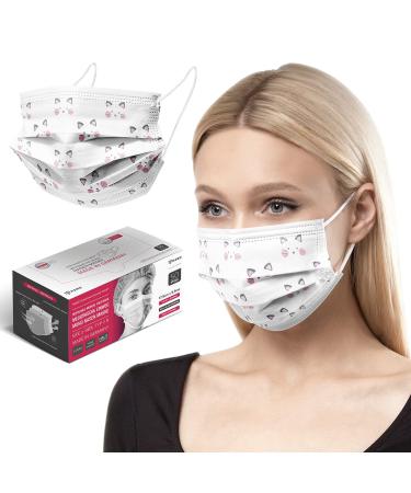 HARD 50 pieces Disposable Face Masks | Made in Germany | Type IIR & CE certified | Breathable Triple Layer - Filtration 99 78% | Elastic Earloops | Mouth Cover - Adults - Kitty White 50 Piece standard size (17 5 cm x 9 5 cm) Kitty White