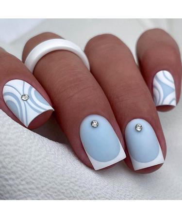 Short French Tip False Nails Square 24Pcs Frosted Blue Press on Nails with Rhinestones Designs Acrylic Full Cover Artificial Fake Nails Reusable Stick on Nails for Women Nail Art Manicure Blue Frosted