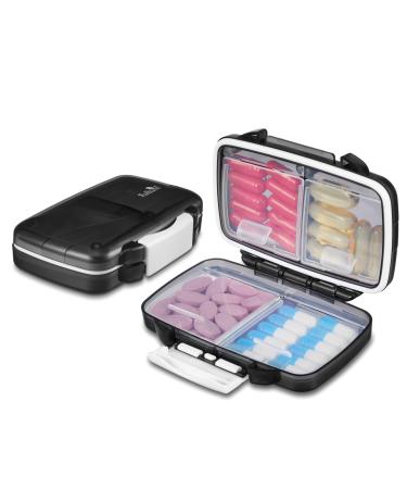 Fullicon 2 Pack Travel Pill Organizer 4 Compartments Portable Pill Case Moisture Proof Small Pill Box with Labels Travel Pill Case with Double Lock Pocket Pharmacy for Vitamin D3 (Black) Black 2 Pack