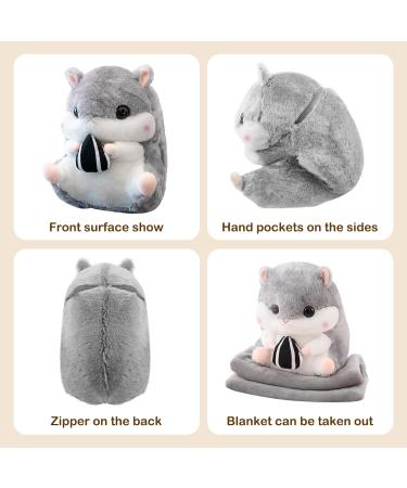 Muziri Kinokoo Plush Pillow Blanket - Cute Hamster Design | Foldable Throw Blanket & Stuffed Toy | Soft Grey Blanket with Sunflower Seeds - Buy Online on GoSupps.com