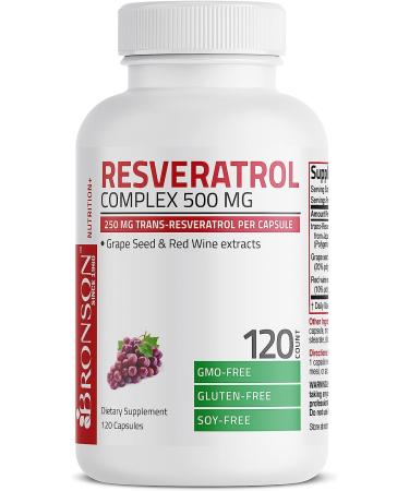 Bronson Resveratrol 500 Complex - 120 Capsules, Trans-Resveratrol, Grape Seed & Red Wine Extract - Buy Online on GoSupps.com