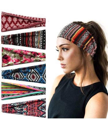 6 Pack Boho Headbands Stretchy Non Slip Hair Bands Bohemia Printed Elastic Sweat for Sport Yoga Running