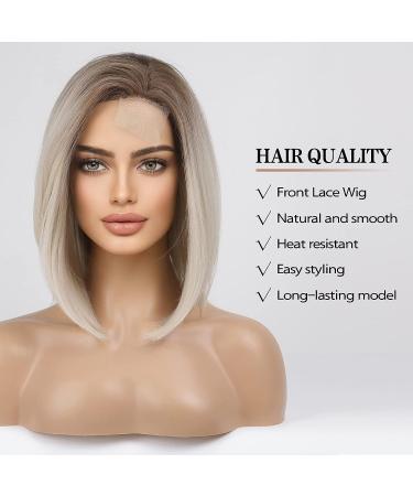 Dark Ombre White Bob Wig with Side-part and Dark Roots - Heat Resistant Synthetic Wig for Women - Buy Online on GoSupps.com