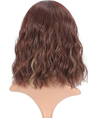 FAELBATY Short Brown Highlight Gold Wig with Bangs | Shoulder Length Curly Wavy Bob Synthetic Wig for Women's Cosplay Costume (12 Inches, T33/27) - Buy Online on GoSupps.com