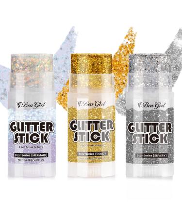 Body Glitter Stick Set Face Glitter Festival Glitter Cosmetic Glitter - Chunky Glitter for Face Lips Eyes Hair Party 3pc Sequin Gold Glitter Silver Star Glitter Holographic Glitter Mermaid+Silver+Golden