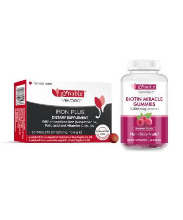 Gynable Iron Supplement for Women & Biotin Gummies Vitamin B7 Bundle