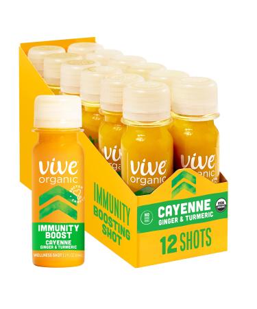 Vive Organic Immune Support Shot Cold-Pressed Ginger Turmeric & Cayenne Gluten Free Vegan Immunity Boost Cayenne 2 Fl Oz (Pack of 12) Immunity Boost (Cayenne)