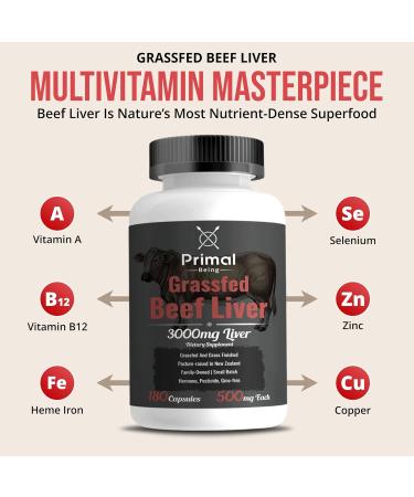 Primal Being Grassfed Beef Liver - 3000mg Freeze Dried Capsules - Pasture Raised in New Zealand - Natural Beef Organ Supplement - Liver Supplement for Energy and Wellness - 180 Count - Buy Online on GoSupps.com