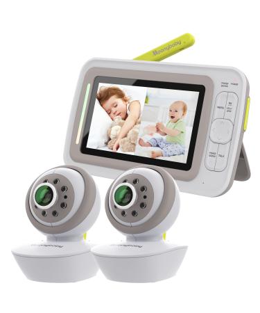 Moonybaby Split 60 Video Baby Monitor 2 Cameras, Split Screen, Pan Tilt Zoom, No WiFi, Extended 12hrs Battery Life, 4.3 Inches Large Monitor, Night Vision, 2 Way Talk Back, Long Range, Wide View Lens