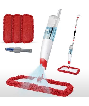 Sturdy Spray Mops for Floor Cleaning, Microfiber Spray Cleaning Mop Kit with 3 Reusable Washable Pads 700ML Refillable Bottle and Scrubber Flat Mop with 360 Degree Swivel Head for Hardwood Laminate Red