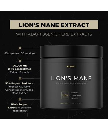 20,000mg Lions Mane Mushroom Supplement with Ashwagandha & Rhodiola - 16x Strength Nootropic | 50% Polysaccharides - Brain Focus, Energy, Mood Booster - Highest Potency Lion's Mane Capsules - Buy Online on GoSupps.com
