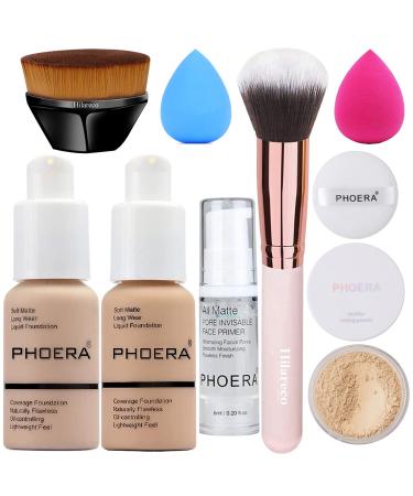 PHOERA Foundation, Full Coverage Foundation, PHOERA Primer, PHOERA Powder, PHOERA Makeup Set, Kabuki Makeup Brushes Foundation Brush Powder Brush,2 Pcs Makeup Sponge (102 Nude + 104 Buff Beige) - Buy Online on GoSupps.com