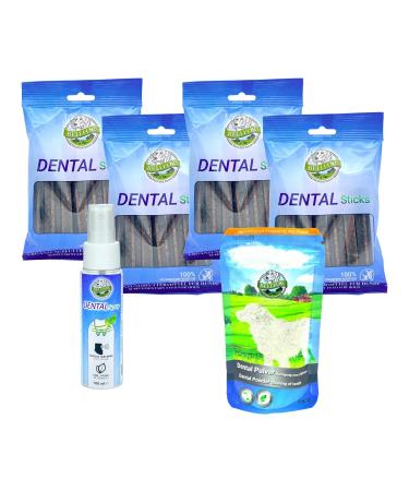 Bellfor natural dental care for tartar Easy application and dosage Excellent digestibility for all dog breeds (savings set (powder sticks 4x100 g spray)) (powder sticks 4x100 g spray) savings set