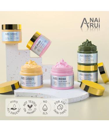 Anirui Turmeric Vitamin C Tonerde Mask - Rose & Avocado Green Tea Spa Face Mask Set for Deep Cleaning Oil Control Acne & Pore Reduction - 210g Pink - Buy Online on GoSupps.com