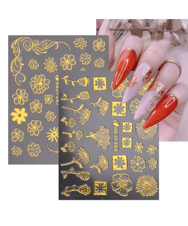 Gold Flowers Nail Art Stickers Decals - 3D Metallic Leaves, Self-Adhesive, 12 Small Sheets for Women Manicure - Buy Online on GoSupps.com