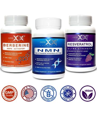 GENEX NMN Resveratrol and Berberine Power Pack Supplements | 250mg Nicotinamide Mononucleotide (NMN) Ultra Strength 500mg Resveratrol & AMPK Activator Berberine 500mg for Healthy Aging (3 Bottles) - Buy Online on GoSupps.com