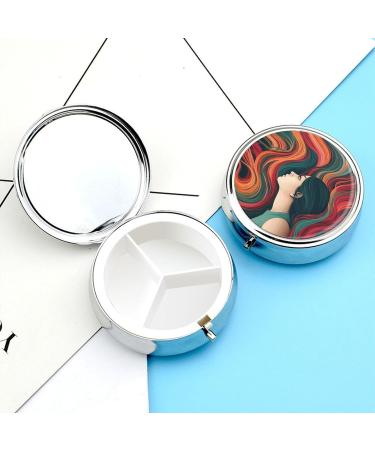 Stylish Round Pill Box for Women - Colorful Hair Print 3 Compartment Metal Organizer - Portable Decorative Pill Case Style-36 - Buy Online on GoSupps.com