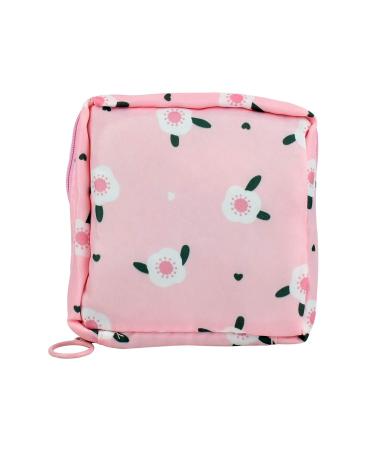Sanitary Napkin Storage Bag Menstrual Cup Pouch Portable Pads with Zipper Feminine Menstruation First Period Bags for Teen Girls Women Ladies. (Pink - Small Flowers)
