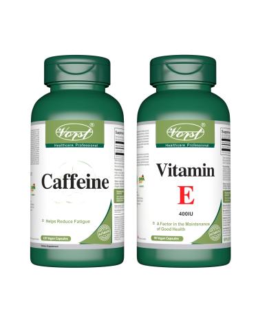 VORST Caffeine 180mg 120 Vegan Capsules and Vitamin E 90 Vegan Capsules (Combo Bundle 2 Bottles)