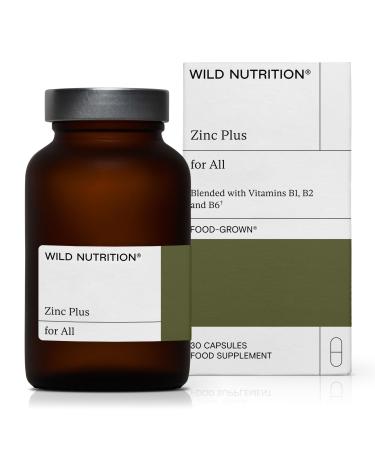 Wild Nutrition Food-Grown Zinc Plus Zinc Supplements with Vitamin B1 B2 and B6 Zinc Supplements Designed to Support Optimal Health & Promote Happier Healthier Brain - 30 Capsules