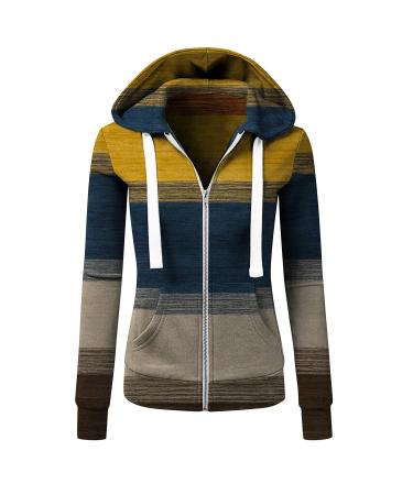 PVCS Vertical Stripes Shirts for Women Zipper Down Sweatshirt Long Sleeve Drawstring Hoodies Casual Sweatshirt with Pockets Yellow Medium