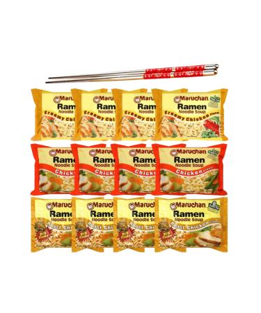 Ja Cor Instant Ramen Noodle Soup Variety Pack 3 Flavors: (4) Creamy Chicken (4) Chicken (4) Roast Chicken Flavor Noodles 3 oz Bundle with (1) Set of Reusable Stainless Steel Chopsticks(12 Packs)