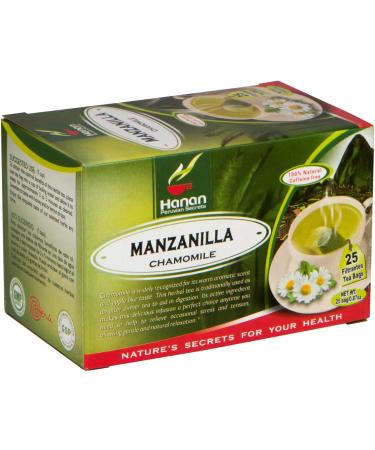 Hanan Manzanilla Tea (Chamomile) - 25 Tea Bags of Natural Camomile Flowers (Te de Manzanilla) Herbal Tea of Flor Matricaria chamomilla L - Natural Sedative Relaxant Sleep Aid Anti-Stress