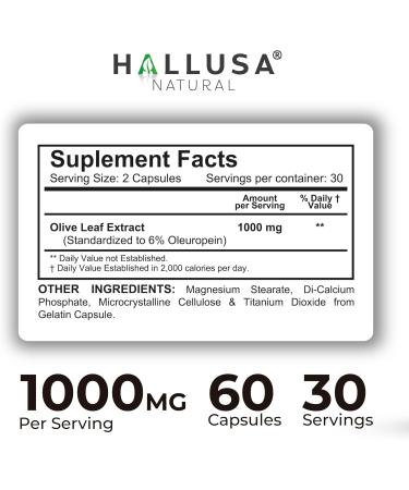 Hallusa Natural Olive Leaf Extract 1000mg per Serving 60 Capsules | Heart Health and Immune Support Supplement | 6% Oleuropein | Fatigue Antioxidant & Digestive Support Non GMO Gluten Free - Buy Online on GoSupps.com