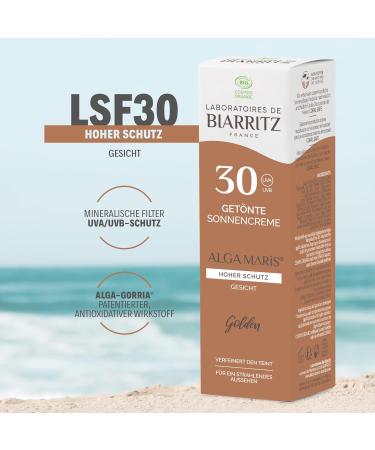 Laboratoires de Biarritz Tinted Sunscreen Face Gold LSF30 - Bio Certified Hydrating SPF 30 - 50ml Made in France - Buy Online on GoSupps.com