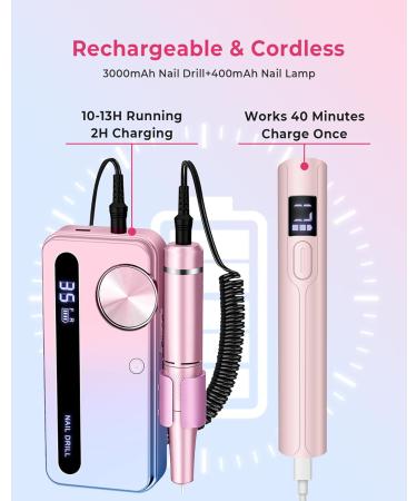 Portable Electric Nail Drill - 35000RPM Cordless Nail Drill with Mini UV Lamp - Rechargeable Professional Nail Tool for Home & Salon - Pink - Buy Online on GoSupps.com
