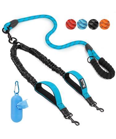 Eyin double linen for 2 dogs dog leash for large dogs flexible and reflective healing -free dog leash with 2 padded handles for dogs from 11 to 68 kg (blue) blue 2 handles - l (total weight 11-68kg)