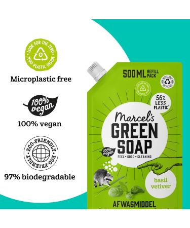 Marcel's Green Soap Washing-up Liquid Refill - Basil & Vetiver - Dishwashing Liquid - Saves 56% of plastic -Eco friendly - 100% Vegan - 100% Recycled Plastic - 97% Biodegradable - 500 ML Basil & Vetiver Refill - Buy Online on GoSupps.com