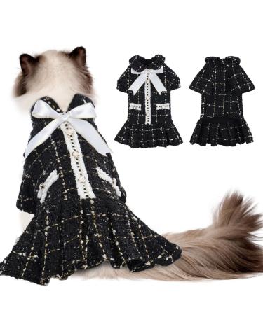 Dog Cat Dress, Girl Classic Tweed Coat, Elegant Formal Apparel Cute Pet Puppy Skirt with Bow-Knot, Breathable Apparel for Small Dogs and Kitten Spring Fall Winter Easter Party Costumes(Black, L) L Black