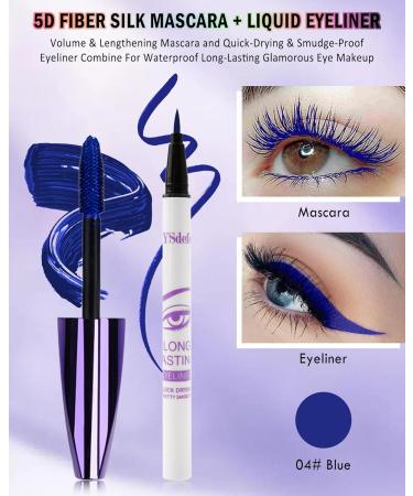 LYSdefeu 5D Blue Silk Fiber Mascara and Blue Liquid Eyeliner Set Waterproof and Smudgeproof Liquid Eyeliner Long Lasting Volume Curly Lengthening Mascara for Parties Colorful Eye Makeup4 Blue - Buy Online on GoSupps.com