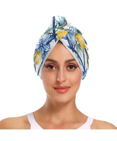 Watercolor Lemons Hair Towel 2 Pack Super Absorbent Hair Drying Towel Quick Dry Hair Turbans Head Towel with Button Twisty Wrap for Women Girls