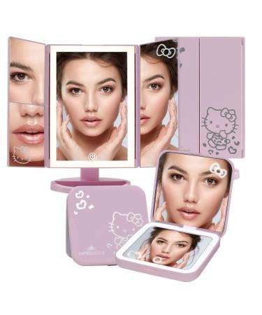 Impressions Vanity Hello Kitty Lighted Makeup Mirrors Bundle  Supercute Trifold and Compact Mirror with LED Lights  Magnification  Touch Screen  Travel Accessories Portable Hand Mirror (Pink)