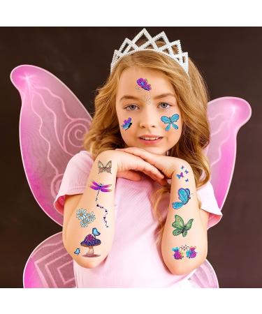 Konsait Glitter Temporary Tattoos for Girls - 24 Butterfly Mermaid Fairy Flowers Stickers | Waterproof Fake Tattoos for Kids Birthday Party Favors - Buy Online on GoSupps.com