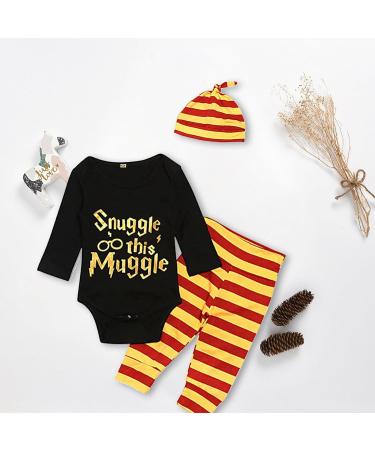 Baby Boys Girls Snuggle This Muggle Outfit Set | Black Long Sleeve Bodysuit & Striped Pants with Hat | 0-6 Months - Buy Online on GoSupps.com