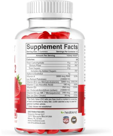 healblend Vitamin ADK + B12 Gummies - High Potency Vitamin D3 10000 IU K2 MK-7 Vitamin A & B12 5000mcg - Immune Bone & Energy Support Supplement - Strawberry Flavor 60 Gummies (1) - Buy Online on GoSupps.com