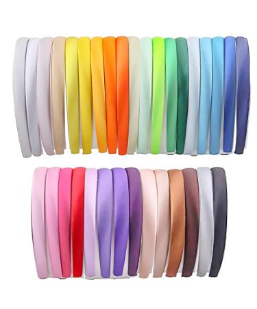 Suyegirl 33 PCS 0.6 Inch wide DIY plain Satin Covered Headbands Girls Hairbands Teen Colorful Ribbon Thin Hair Band DIY Craft Headband for Women Non Slip Multicolor(33pcs)