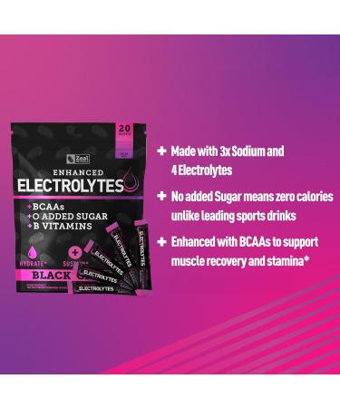Enhanced Electrolyte Powder Stick Packs (Black Cherry | 20 Packets) w/ 0 Sugar +BCAAs +B-Vitamins Electrolyte Supplement w Potassium Zinc & Magnesium for Hydration - Keto Electrolytes - Buy Online on GoSupps.com