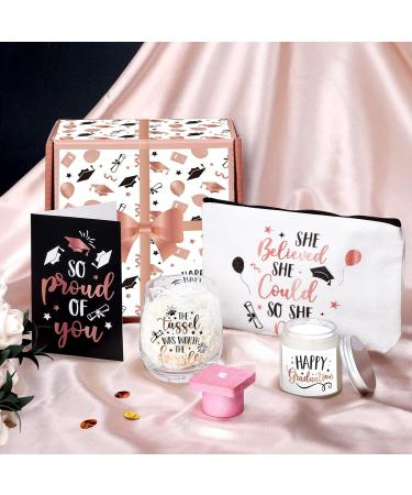 Levfla Graduation Gift Set for Her - Wine Glass, Grad Cap Bath Bomb, Makeup Bag, Candle & Card - Perfect Congratulations Present for College Women - Rose Gold Theme - Buy Online on GoSupps.com