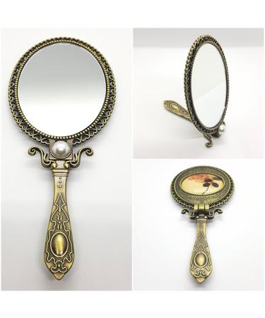 Handheld Mirror Antique with Stand Double Folding Sided Brass for Makeup Mirror 18cm (7 inch)
