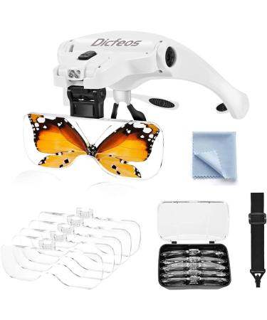 Dicfeos Magnifying Glass with Light for Close Work, Headband Lighted Magnifier with 5 Lenses for Jewelry, Arts, Crafts, Knitting, Cross Stitch, Stamp Kit, Needle Works, Crochet and DIY Head Magnifier