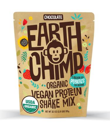 EarthChimp Organic Vegan Protein Powder - 26 Servings, 32 Oz - with Probiotics & Digestive Enzymes - Plant Based, Dairy Free, Non GMO, Gluten Free, Gum Free (Chocolate) with Scoop Chocolate (WITH Scoop) 2 Pound (Pack of 1)