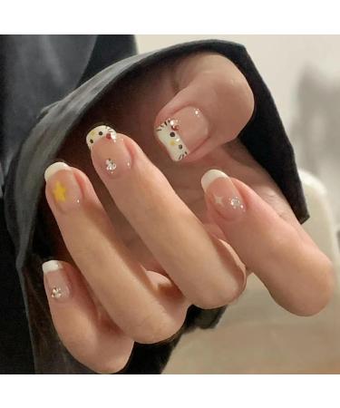 Mrcuvaryas cute French press on nails short 24 pieces of angular nails to stick on short acrylic white nail tip with pearl gloss fingernails finger nails for women & girl nail tips (French kitty) white cat french