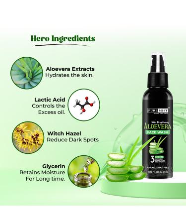 PUREMIST Aloe Vera Face Wash Fights Acne & Pimples | Skin Brightening & Tan Removal | With Aloe Vera & Cucumber | Gentle Cleanser for Men & Women | 100 ml (2) - Buy Online on GoSupps.com