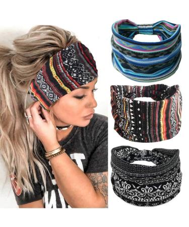 GORTIN Boho Headbands Stretch Wide Hair Bands Black Elastic Yoga Sweatband Knoted Turban Headband Cloth Twist Head Wraps Stylish Head Bands for Women and Girls 3 Pcs (Set 1)